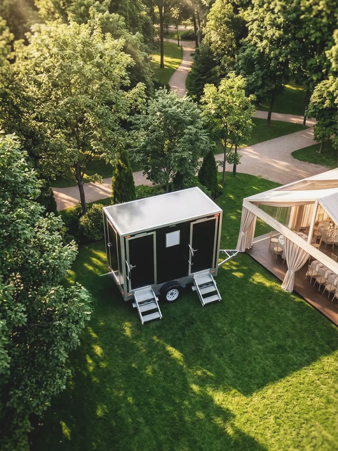 Restroom trailer on a lawn beside a white wedding tent
