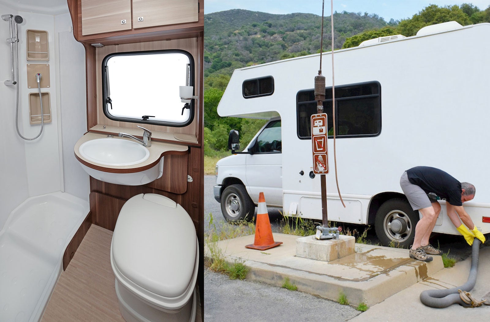 Portable RV/camper toilet and holding tank setup in Whittier, California